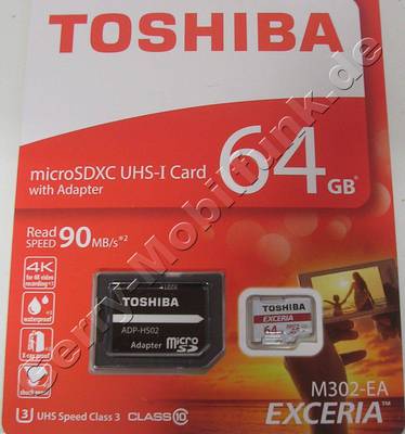 Speicherkarte 64GB Toshiba EXCERIA M302-EA MicroSDXC 64GB Class 10 UHS speed class 3 bis zu 90MB/s lesegeschwindigkeit mit Adapter für SD Schächte ( ADP-HS02 ), 5 Jahre Toshiba Garantie