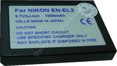 Akku Nikon EN-EL2 (CoolPix 2500) Daten: 1000mAh 3,7V LiIon 8,2mm (Zubehrakku vom Markenhersteller)