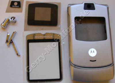 Komplettgehuse silber Motorola V3 Razr bestehend aus Akkufachdeckel, Antennenabdeckung, Displayscheiben innen und aussen, Tastaturschale, Klappenabdeckung innen und aussen, Seistentasten